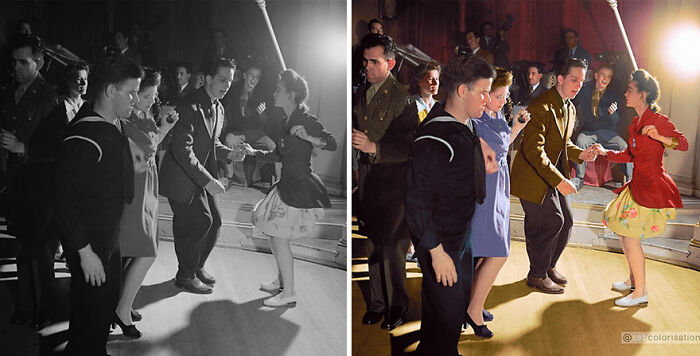 Colorized vintage photo by Sebastien De Oliveira showing dancers energetically moving on a wooden floor.