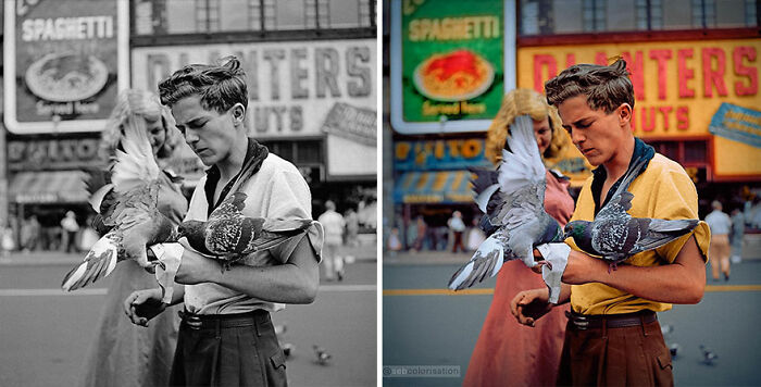 Colorized vintage photo of a man feeding pigeons in front of retro ads by Sebastien De Oliveira.