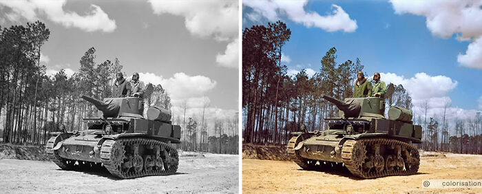 Colorized vintage photo by Sebastien De Oliveira shows soldiers on a tank in a forested area.