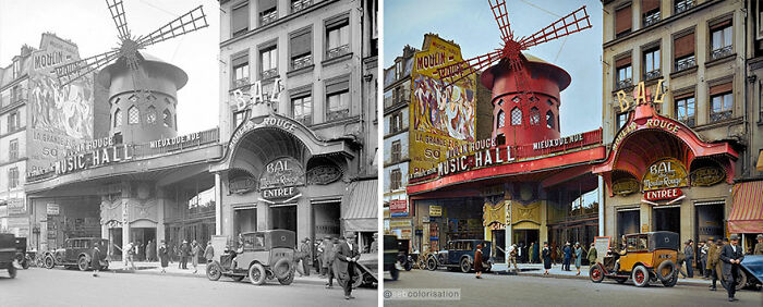 Colorized vintage photo of Moulin Rouge, showcasing the vibrant transformation of a historical Parisian scene.