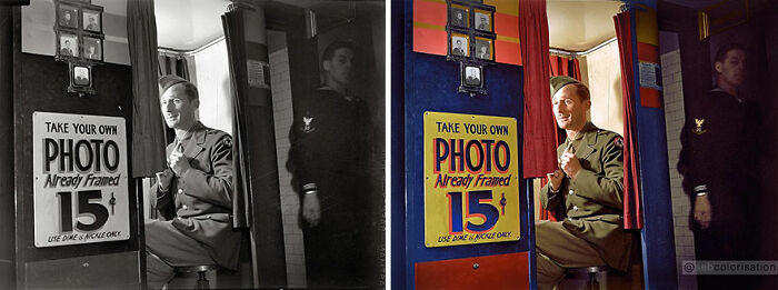 Colorized vintage photo of a soldier in a photo booth, showing both black-and-white and color versions.