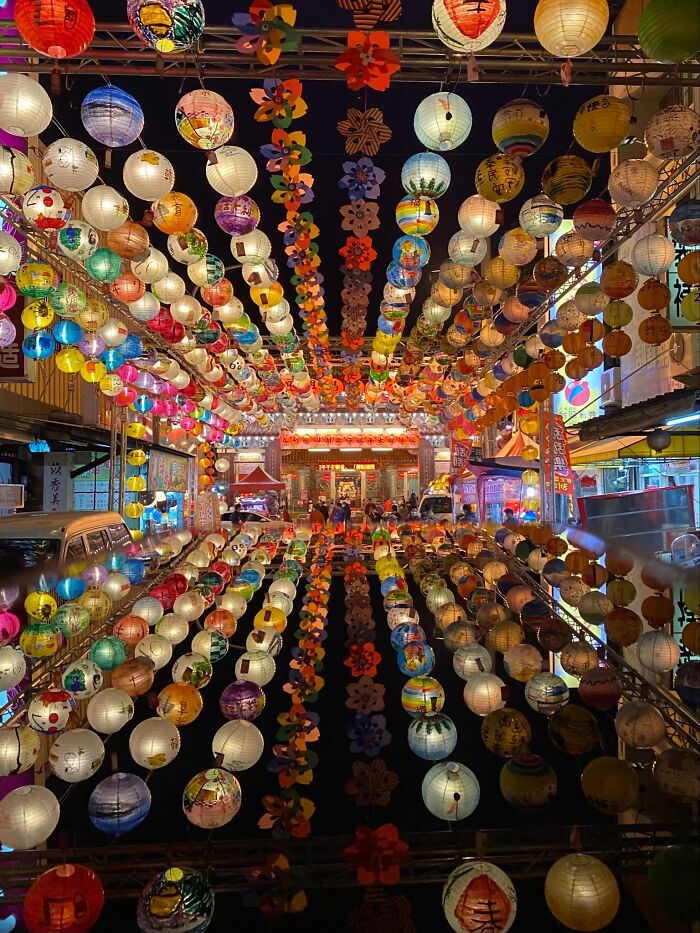 Colorful lanterns create a vibrant display at Budapest International Foto Awards 2024 winner's showcase.