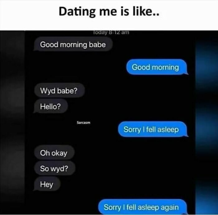 Text message meme humor for women, showing a humorous exchange about falling asleep during a conversation.