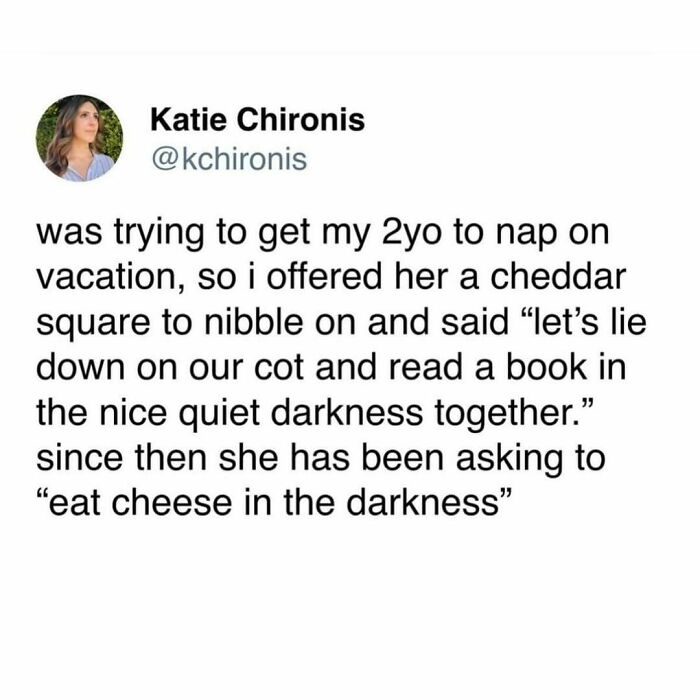 Funny food meme about a toddler asking to "eat cheese in the darkness" after a vacation nap suggestion with cheddar.