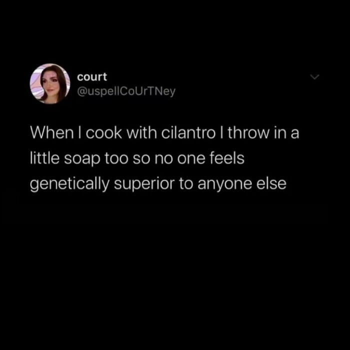 Funny food meme about cooking with cilantro and soap for equality in taste.