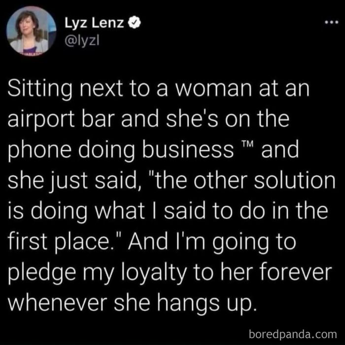 Tweet about overhearing a woman doing business at an airport bar, amused by her directness.