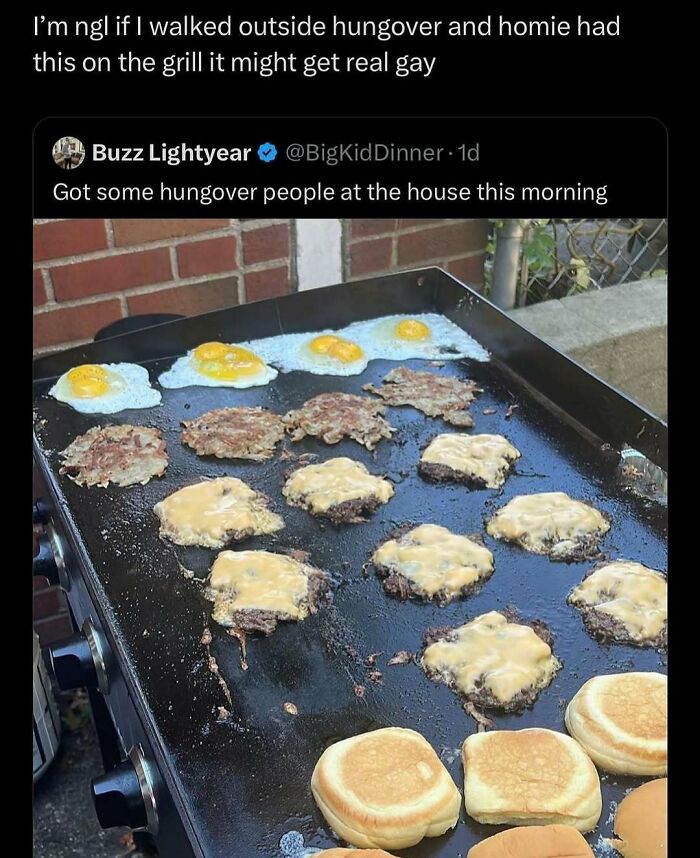 Grill with eggs, burger patties, and cheese under tweet about hungover friends. Random memes theme.