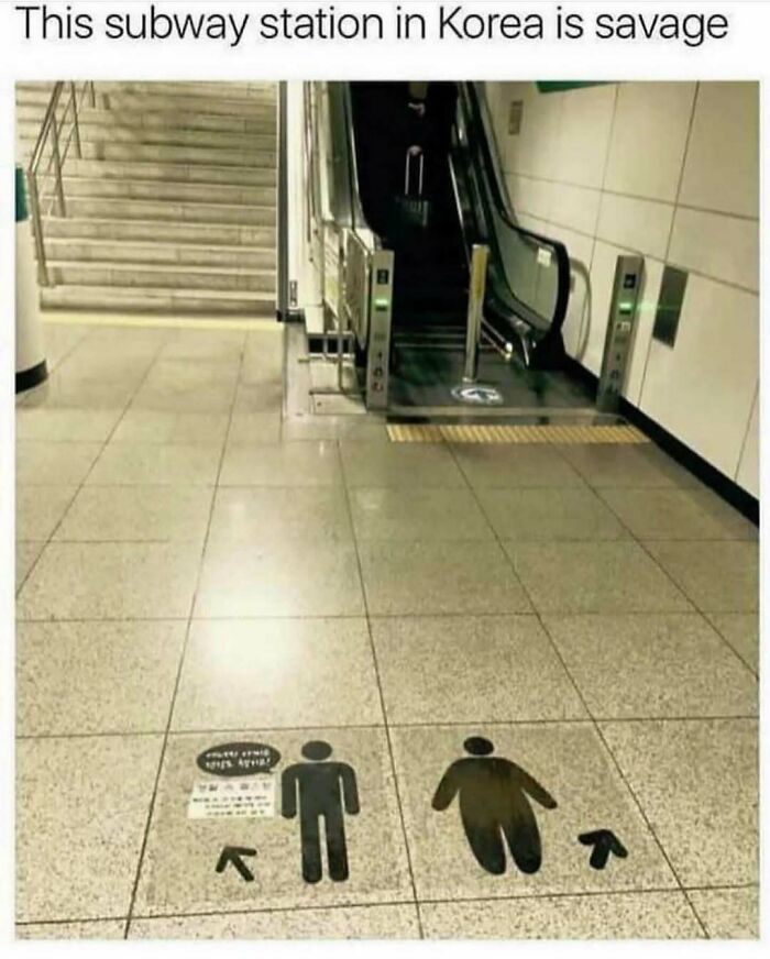 Subway station in Korea with humorous designated walking paths for slim and larger figures. Random memes.