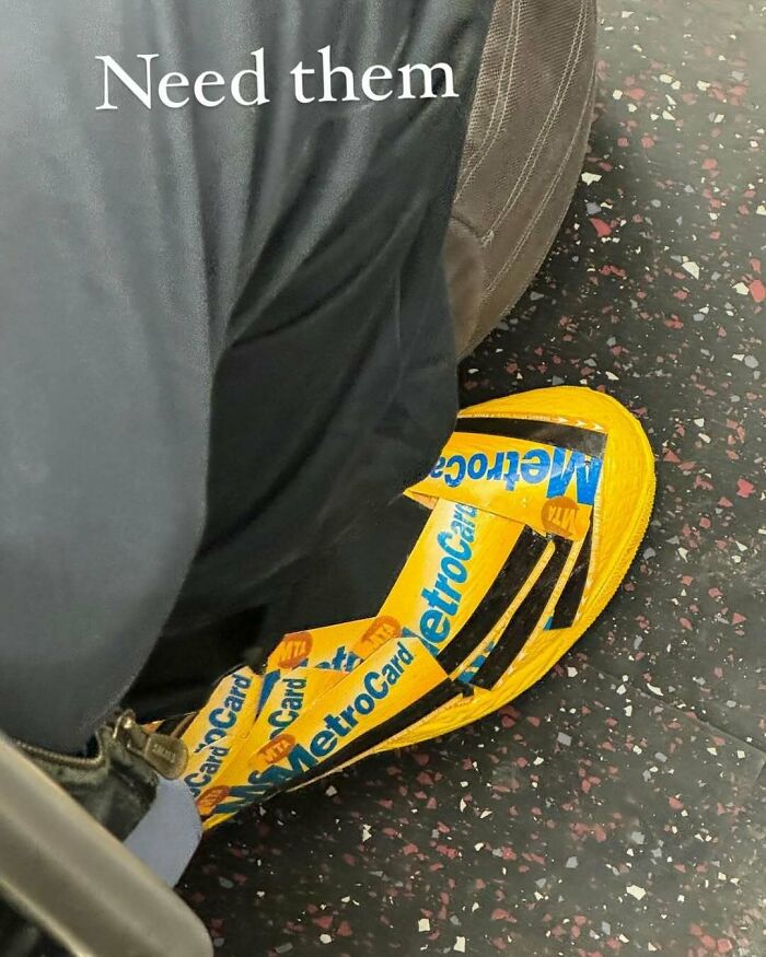 NYC local wearing unique footwear adorned with MetroCard design, showcasing bold fashion experimentation.