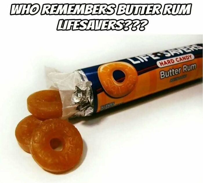 Nostalgic image of Butter Rum Lifesavers with three candies beside the opened wrapper.