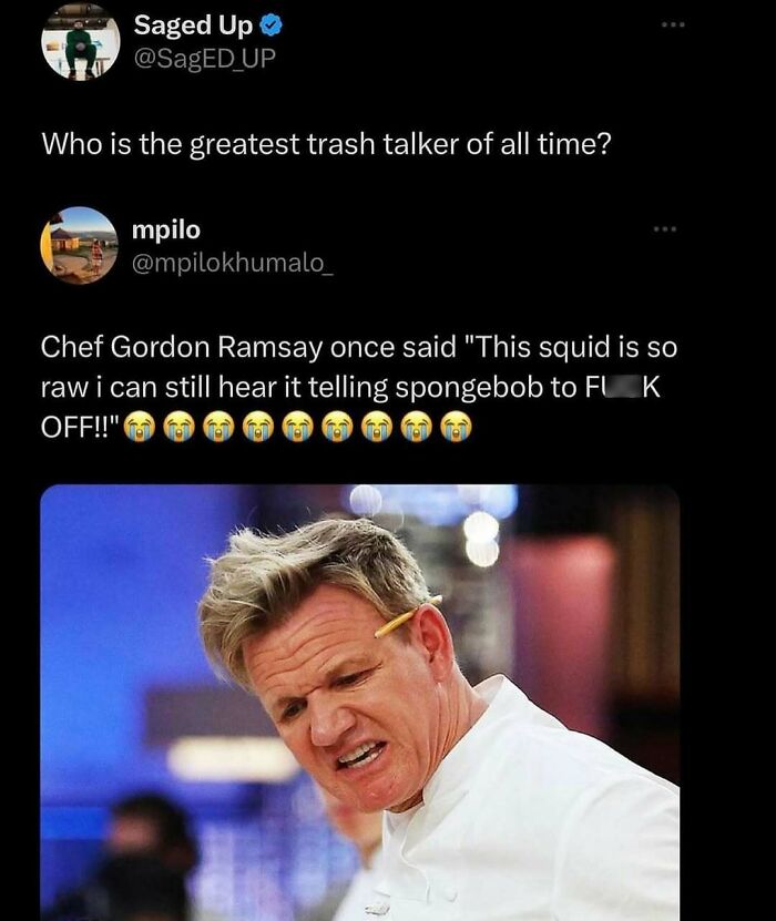 A funny meme featuring a tweet about Gordon Ramsay's memorable trash talk in a kitchen setting.