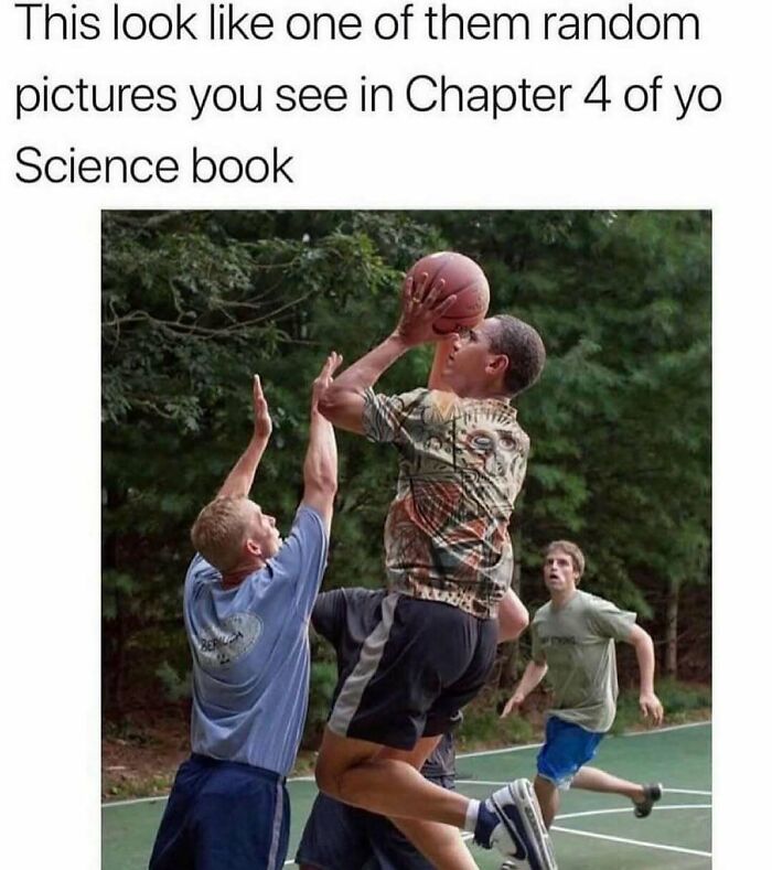 Man shooting basketball over defender, with text comparing it to science book images; evokes nostalgic memes.