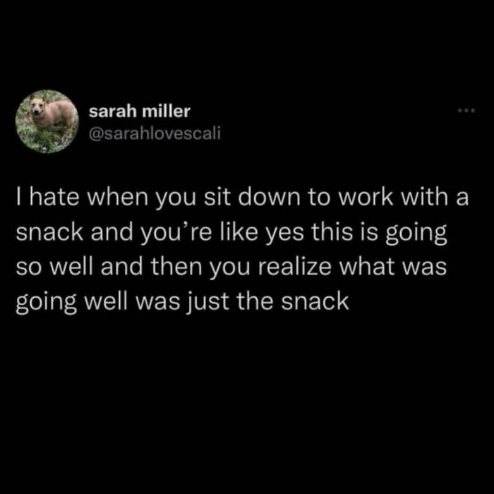 Funny food meme about snacking while working, realizing the progress was just enjoyment of the snack.