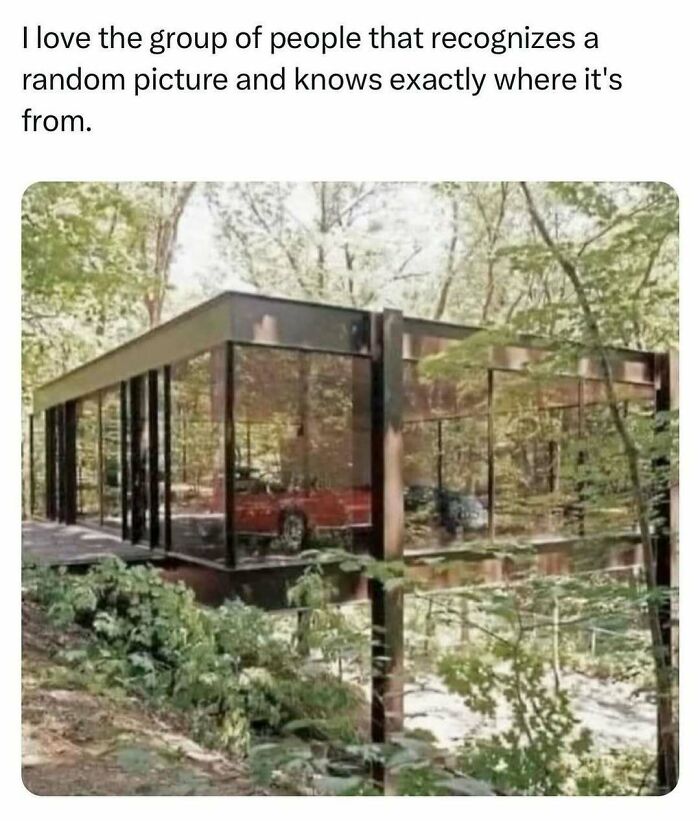 Nostalgic meme showing a modern glass house surrounded by trees, reflecting its natural surroundings.