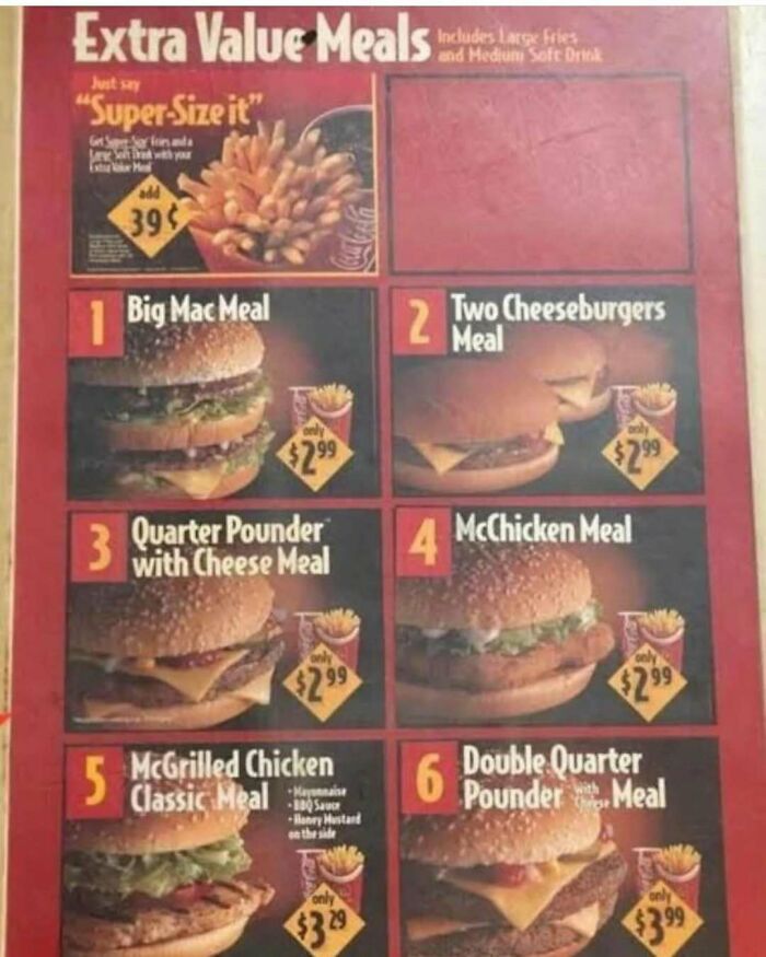 Old McDonald's menu showcasing nostalgic meal deals with burgers and prices from the past.