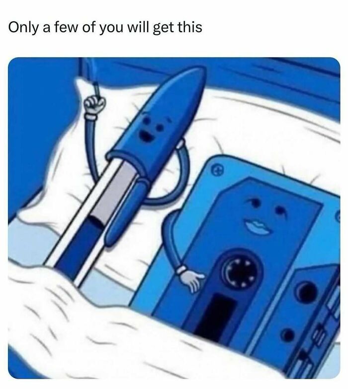 Nostalgic meme: a blue pen and cassette tape with faces, lying together in a playful, cartoon style.