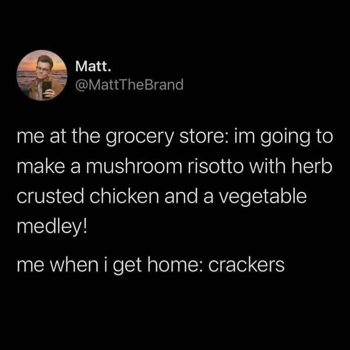 Funny food meme showing grocery shopping aspirations vs. reality.