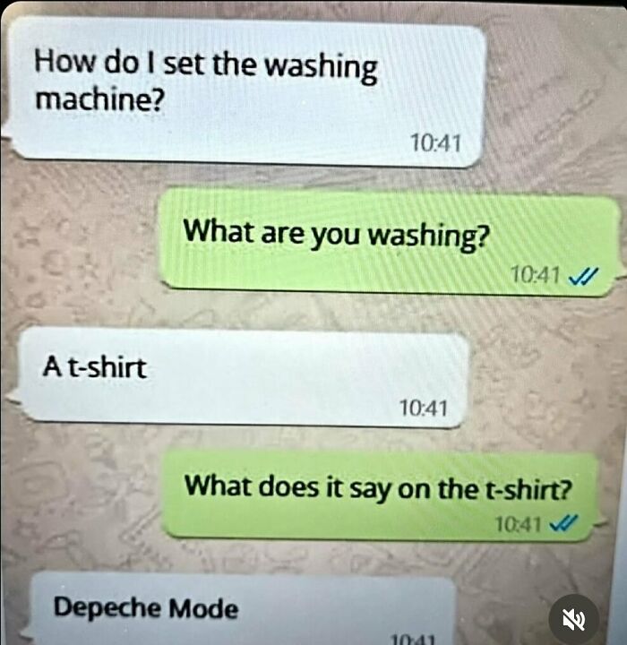 Text conversation about setting a washing machine. A t-shirt says "Depeche Mode." Bizarre exchange with humorous tone.