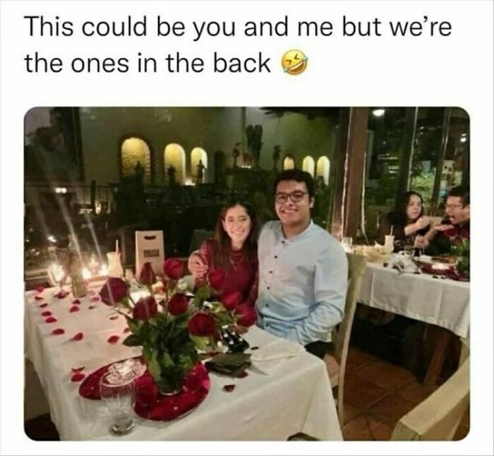 Couple dining with humor-themed caption, highlighting meme humor for women.