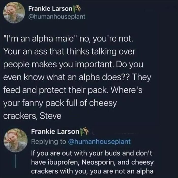 Text-based meme humor tailored for women discussing the concept of "alpha male" with a humorous twist.