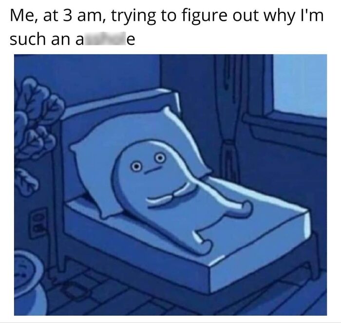 Cartoon figure lying awake in bed at 3am, relatable introvert meme.