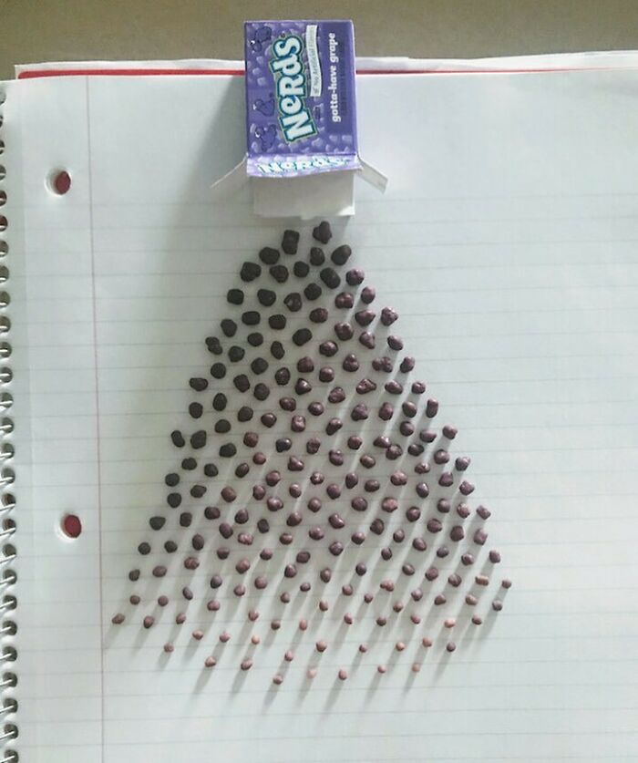 Nerds candy arranged in a triangle on a notebook, from an eclectic Instagram page.