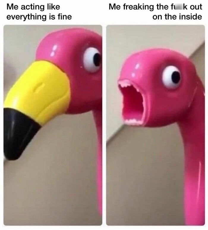 Introvert meme with a plastic flamingo showing calm versus internal panic expressions.