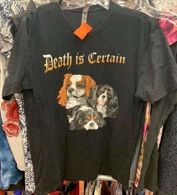 Bizarre photo of a T-shirt with "Death is Certain" text and dog illustrations.