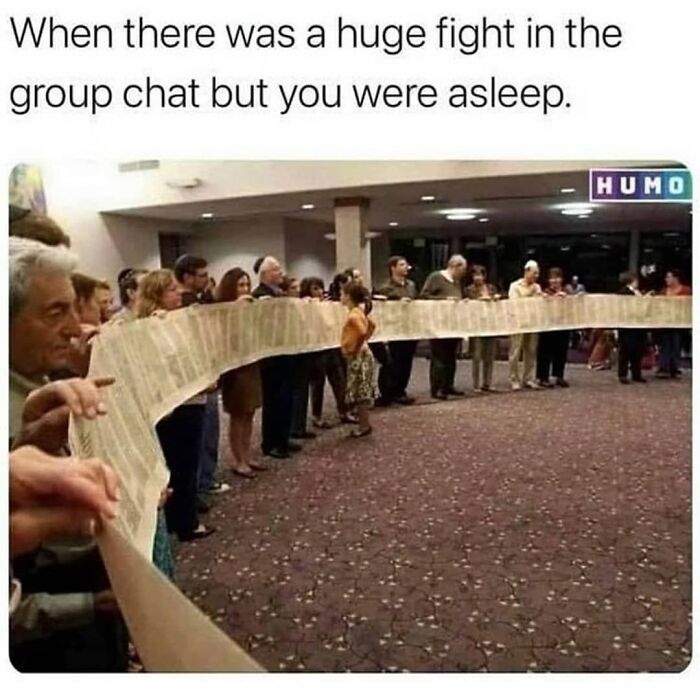 A long line of people holding a scroll, illustrating an introvert's reaction to missed group chat drama.