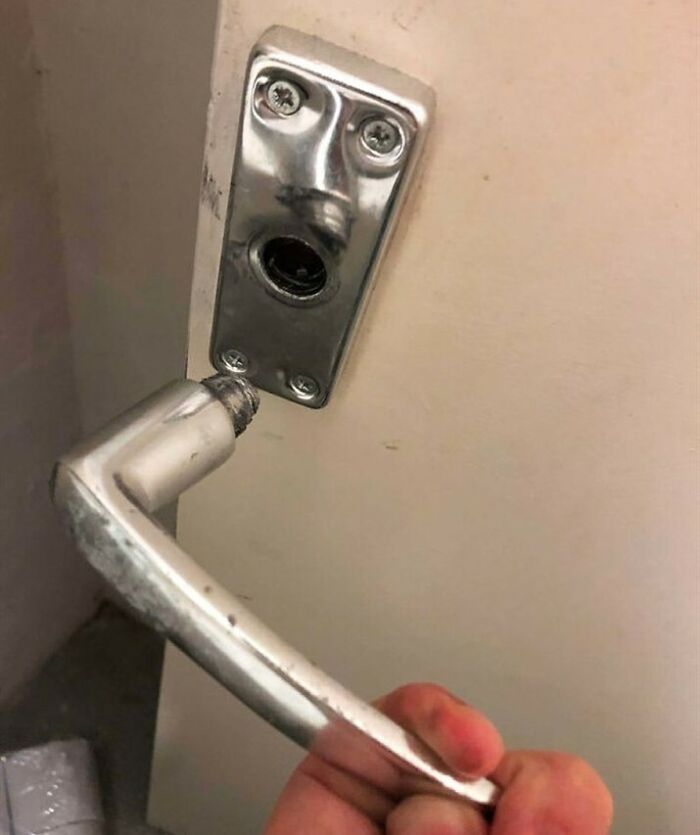 Bizarre photo of a metal door handle resembling a surprised face, typical of an eclectic Instagram page.