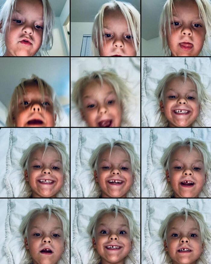 Child making funny faces in a grid, capturing playful moments for funny camera roll finds.