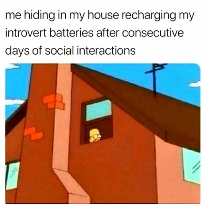 Introvert meme featuring a character peeking out a window, captioned about recharging after social interactions.