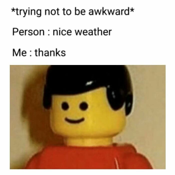 Lego figure with text about awkward introvert conversation on weather.