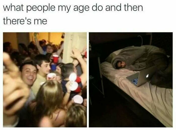 Split image showing a crowded party and an introvert wrapped in blankets using a laptop in bed.