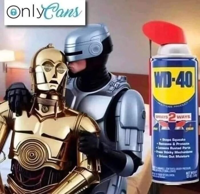 Funny meme with robots C-3PO and RoboCop embracing next to a can of WD-40.