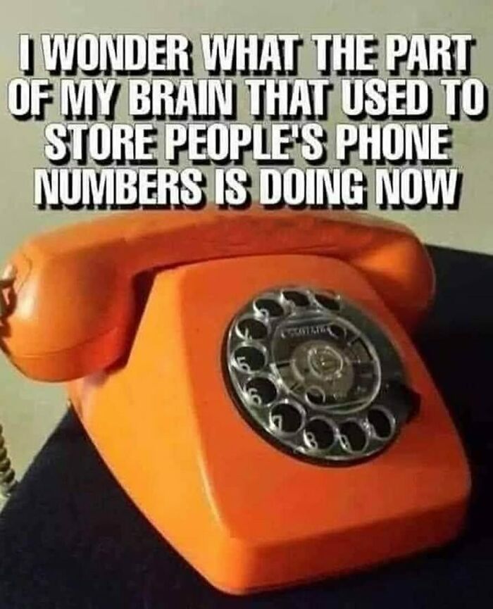 Nostalgic meme featuring an orange rotary phone with humorous text about remembering phone numbers.