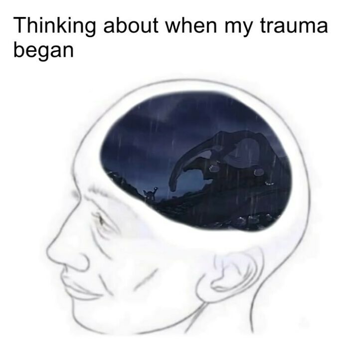 Illustration of a brain with a nostalgic meme image inside, depicting a dramatic scene under text about trauma.