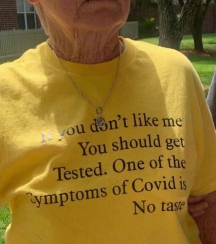 Elderly person wearing a yellow shirt with humorous text, reflecting eclectic Instagram page content.