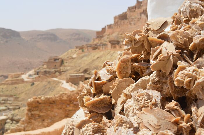 Desert rose formation in a rocky landscape, showcasing stunning natural phenomena.