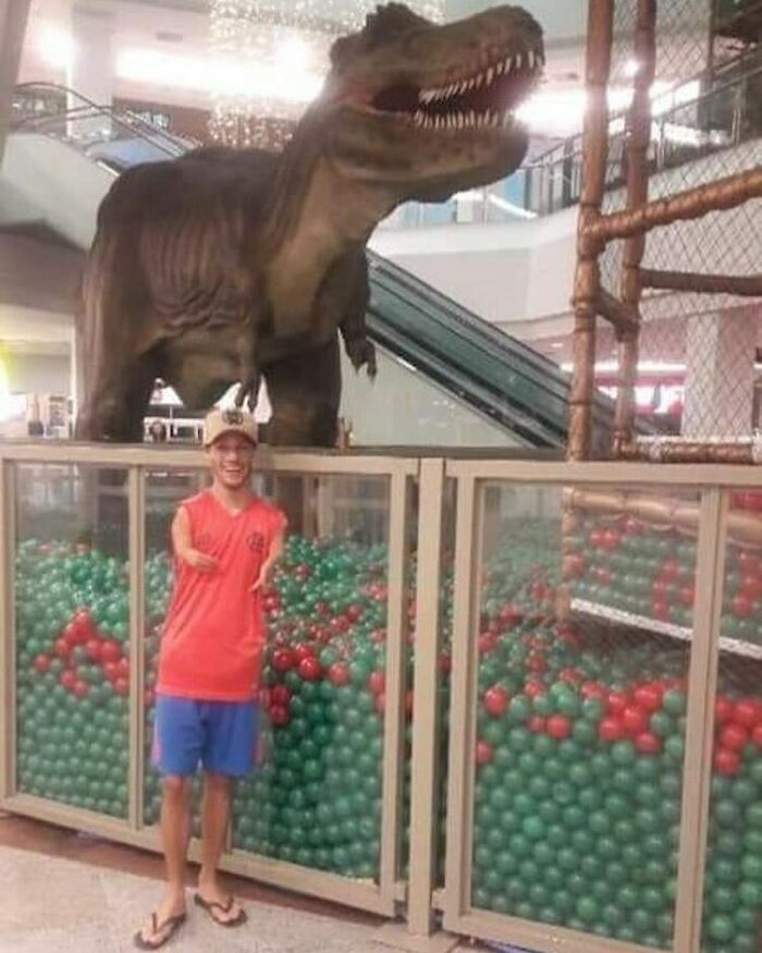 A person posing with a dinosaur statue inside a mall, next to a colorful ball pit. Bizarre photo from an eclectic Instagram page.