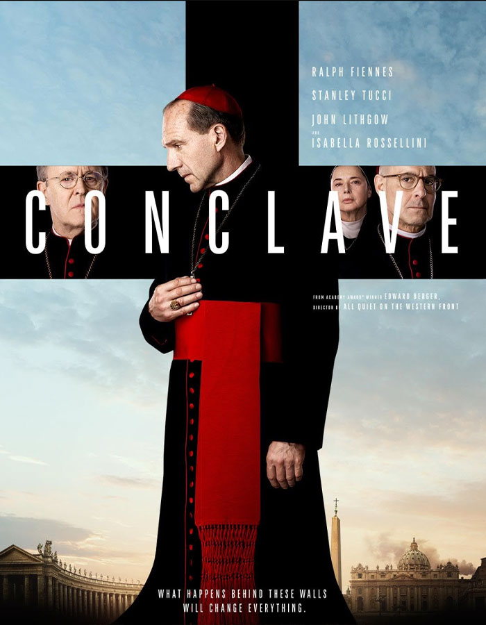 Poster for "Conclave" featuring actors in clerical attire, related to Oscar nominations.