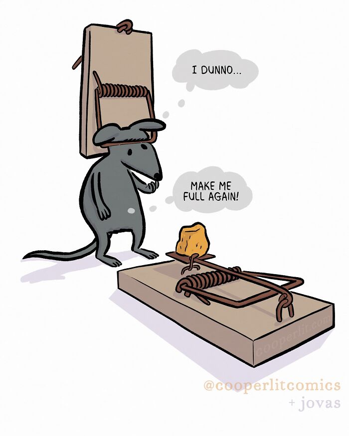 Mouse in a silly comic with a mousetrap, cheese slice, and humorous speech bubble.