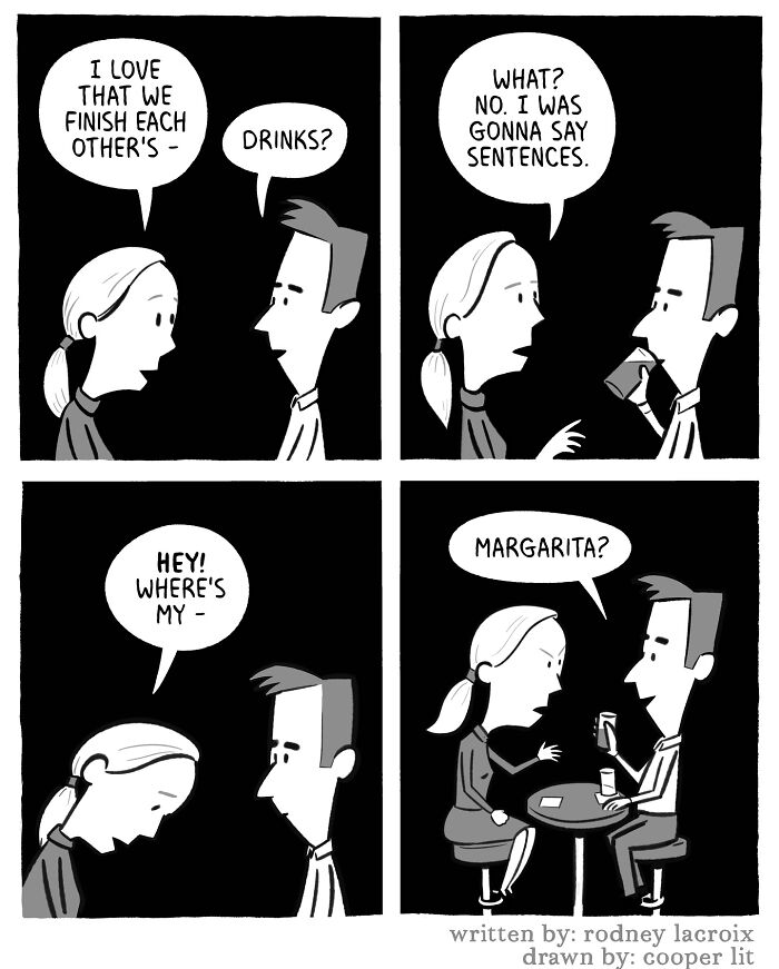 Comic strip showing a couple with unexpected twists in their conversation about drinks.