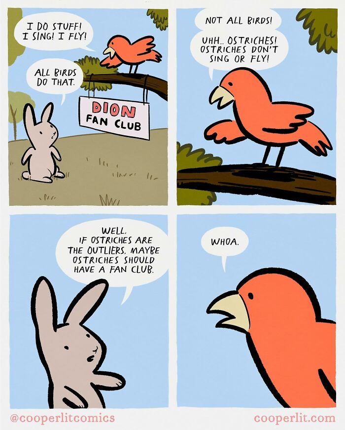 Comic with a bird and rabbit debating bird abilities; unexpected twist about an ostrich fan club.