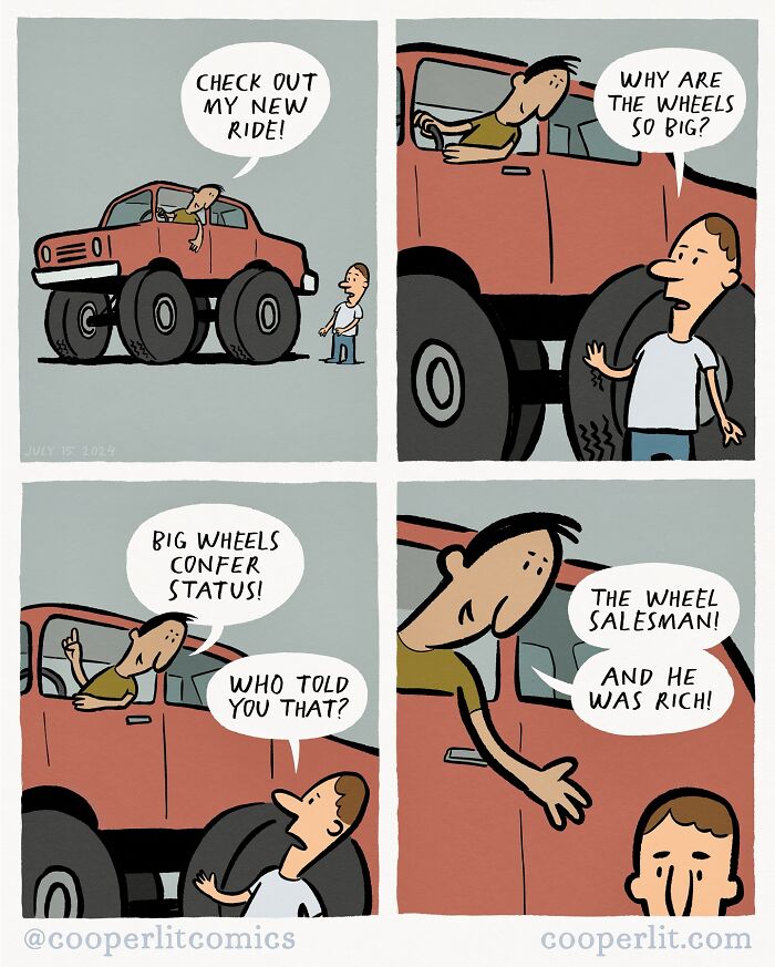 Comic strip showing a person in a large truck discussing wheel size and status with a friend, featuring humorous twists.