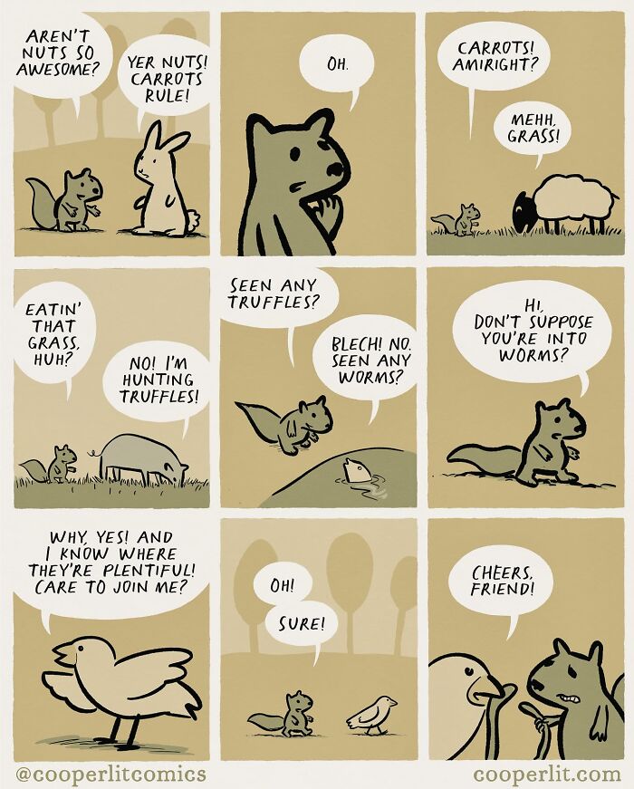 Comics with animals having a humorous conversation about food preferences.