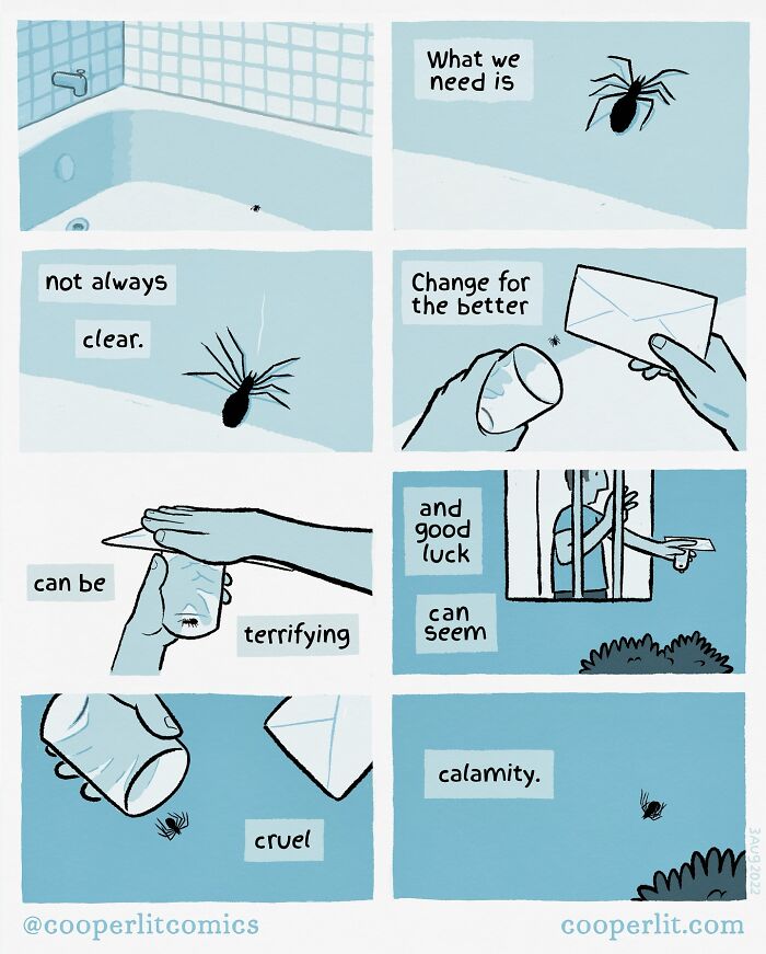 Comic strip with a spider, a human hand, and a glass, depicting an unexpected twist in a light-hearted style.