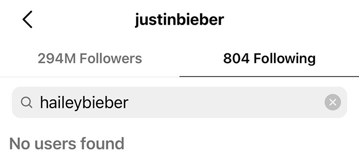 Instagram profile screenshot showing Justin Bieber unfollowing Hailey Bieber.