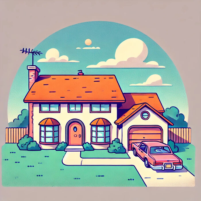 Illustration of a famous cartoon house with orange roof, blue sky, and parked car, representing Springfield's iconic setting.