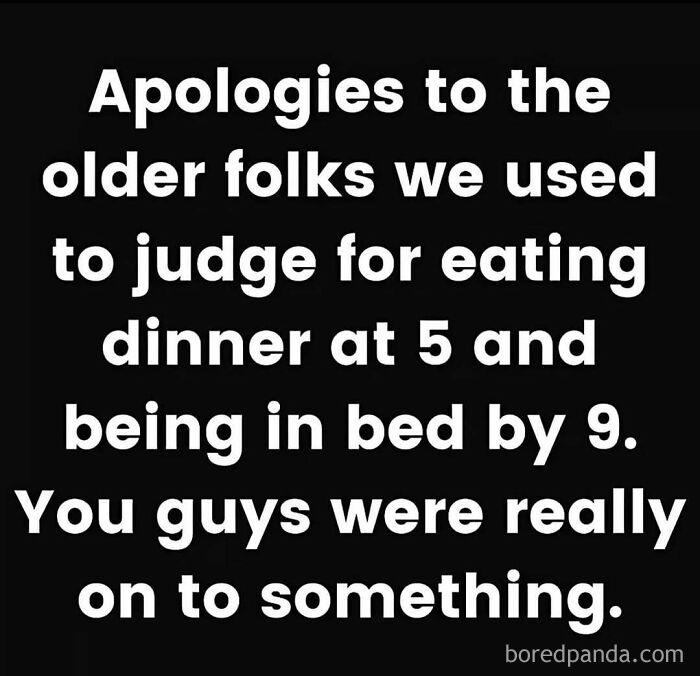 Text post humorously reflecting on judging early bedtimes now embraced by adults.